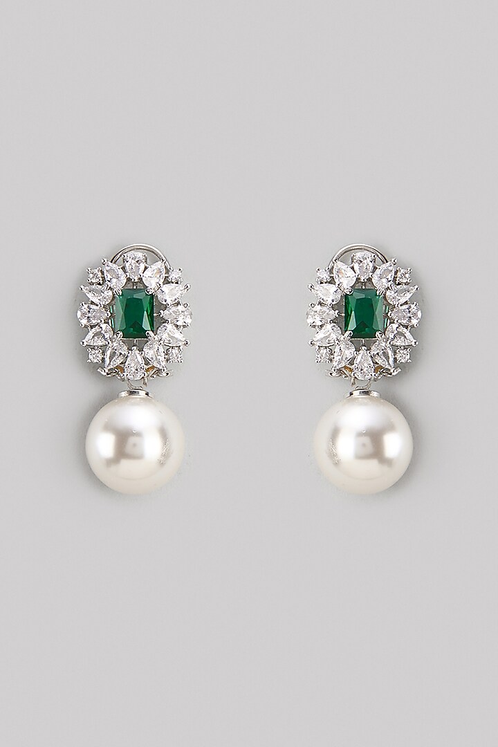 White Finish Zircon & Emerald Stone Stud Earrings by Aster at Pernia's Pop Up Shop
