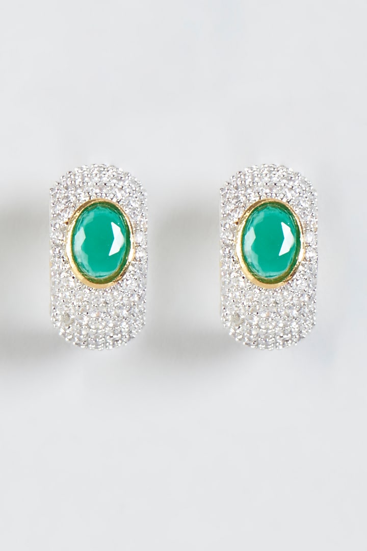 Gold Finish Green Stone & Zircon Huggies by Aster at Pernia's Pop Up Shop