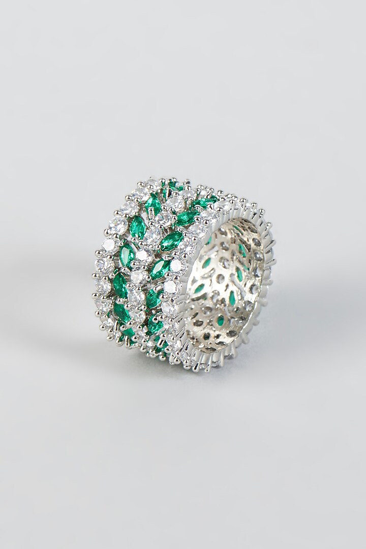 White Finish Zircon & Green Stone Band Ring by Aster at Pernia's Pop Up Shop