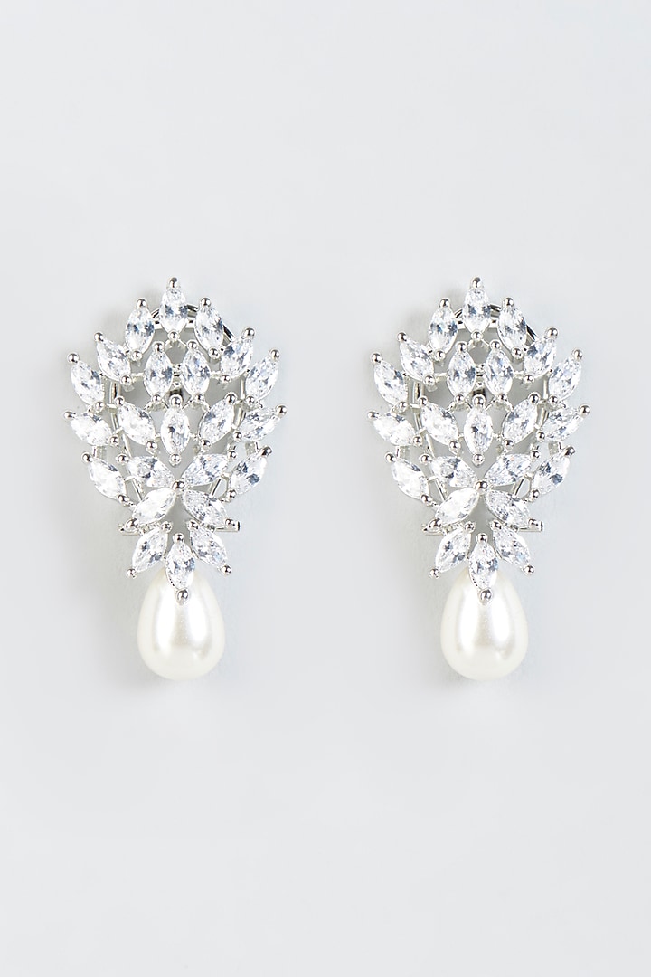 White Finish Faux Diamond Stud Earrings With Pearl by Aster at Pernia's Pop Up Shop