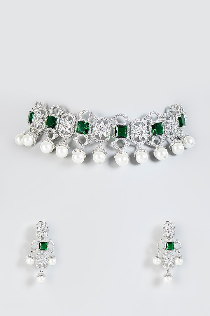 White Finish Faux Diamond & Pearl Choker Necklace Set by Aster at Pernia's Pop Up Shop
