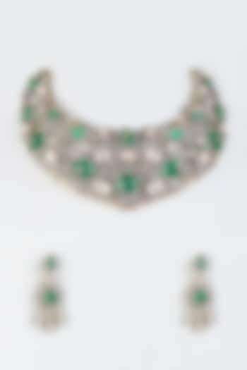 Two Tone Finish Green Stone Choker Necklace Set by Aster
