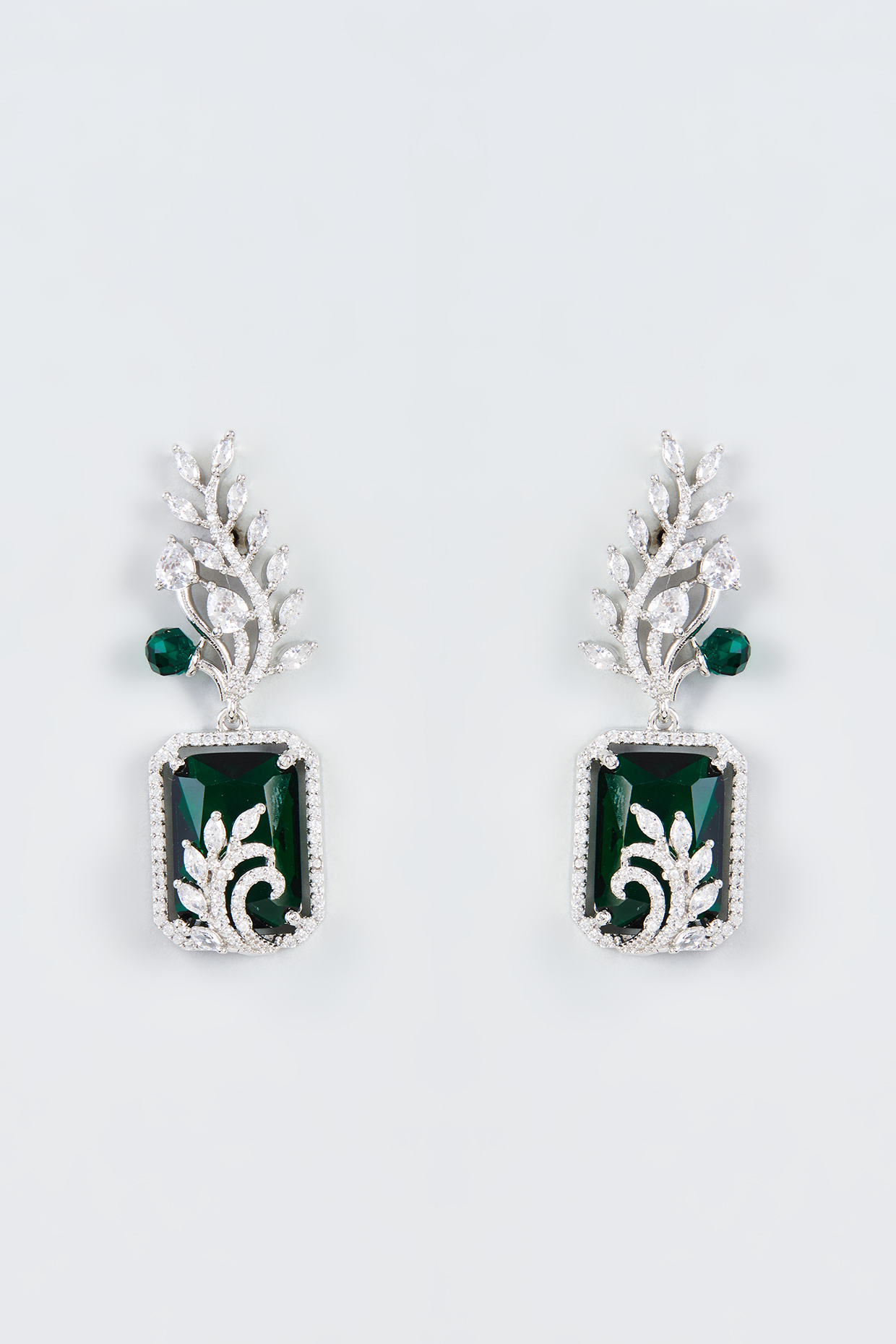 White Finish Zircon & Green Stone Dangler Earrings by Aster