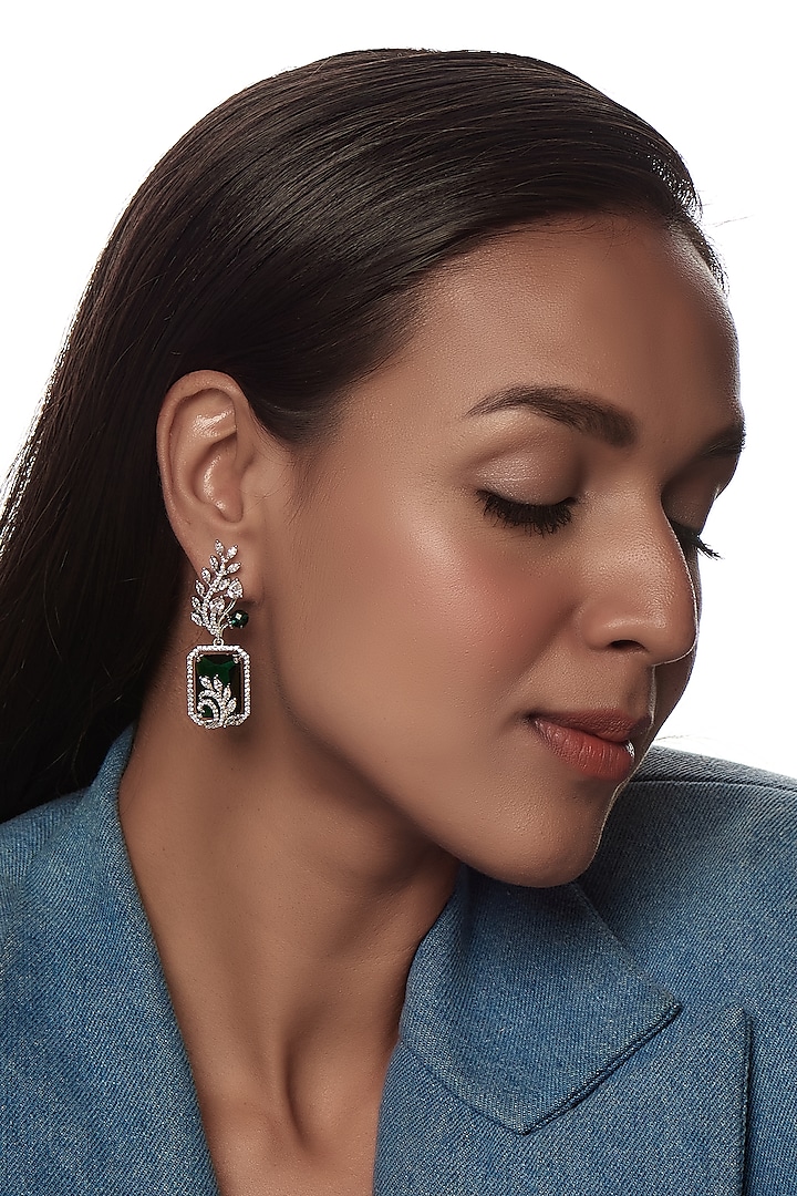 White Finish Zircon & Green Stone Dangler Earrings by Aster