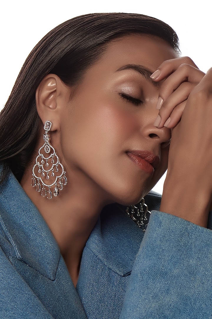 White Finish Zircon Dangler Earrings by Aster at Pernia's Pop Up Shop