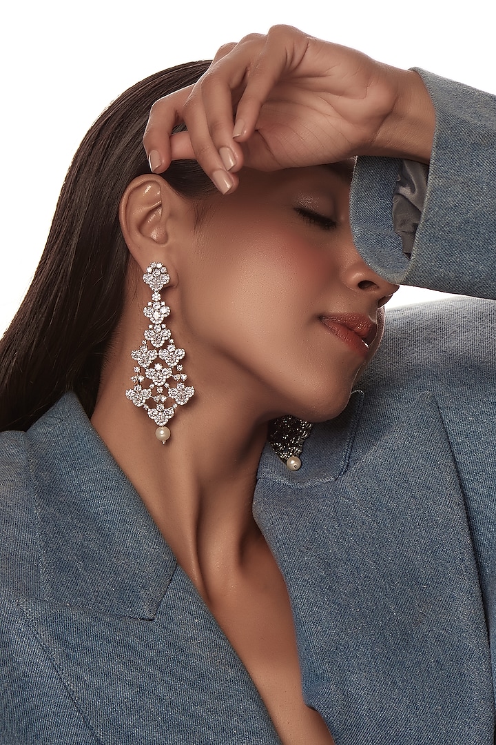 White Finish Zircon Dangler Earrings by Aster at Pernia's Pop Up Shop