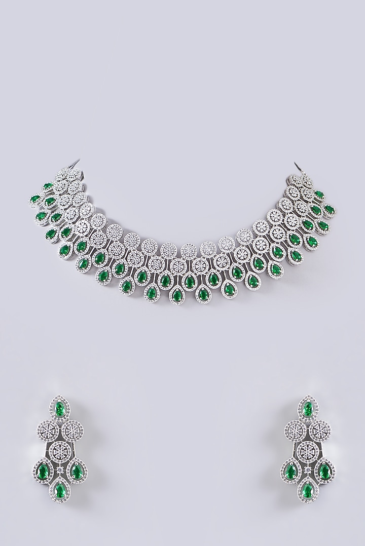 White Finish Green Stone Choker Necklace Set by Aster at Pernia's Pop Up Shop