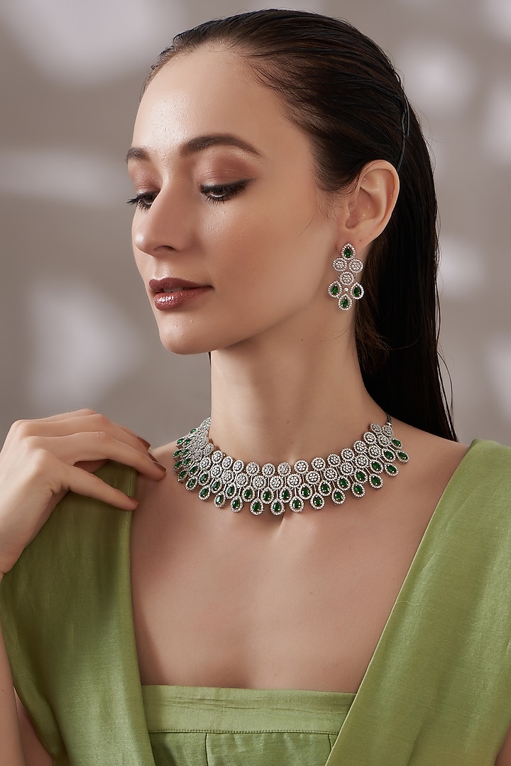 White Finish Green Stone Choker Necklace Set by Aster at Pernia's Pop Up Shop