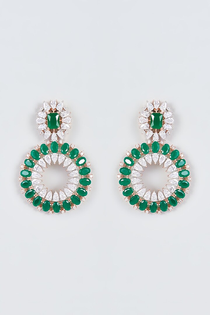 Rose Gold Finish Zircon & Green Stone Dangler Earrings by Aster at Pernia's Pop Up Shop