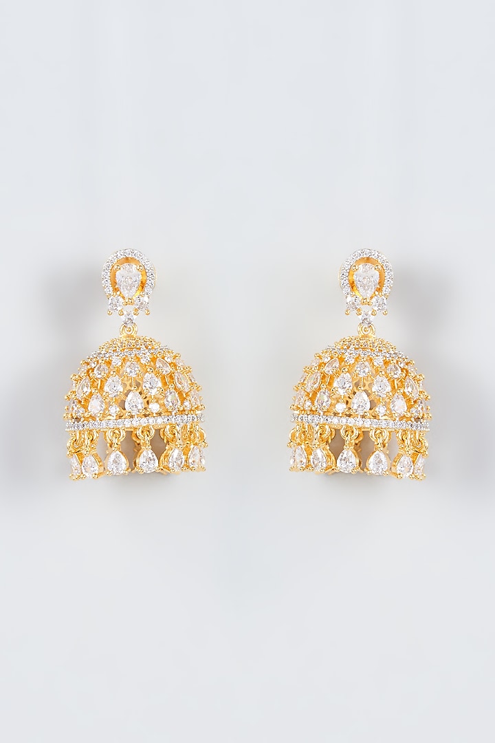 Gold Finish Zircon Jhumka Earrings by Aster at Pernia's Pop Up Shop