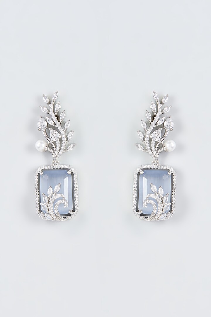 White Finish Zircon & Grey Stone Dangler Earrings by Aster at Pernia's Pop Up Shop