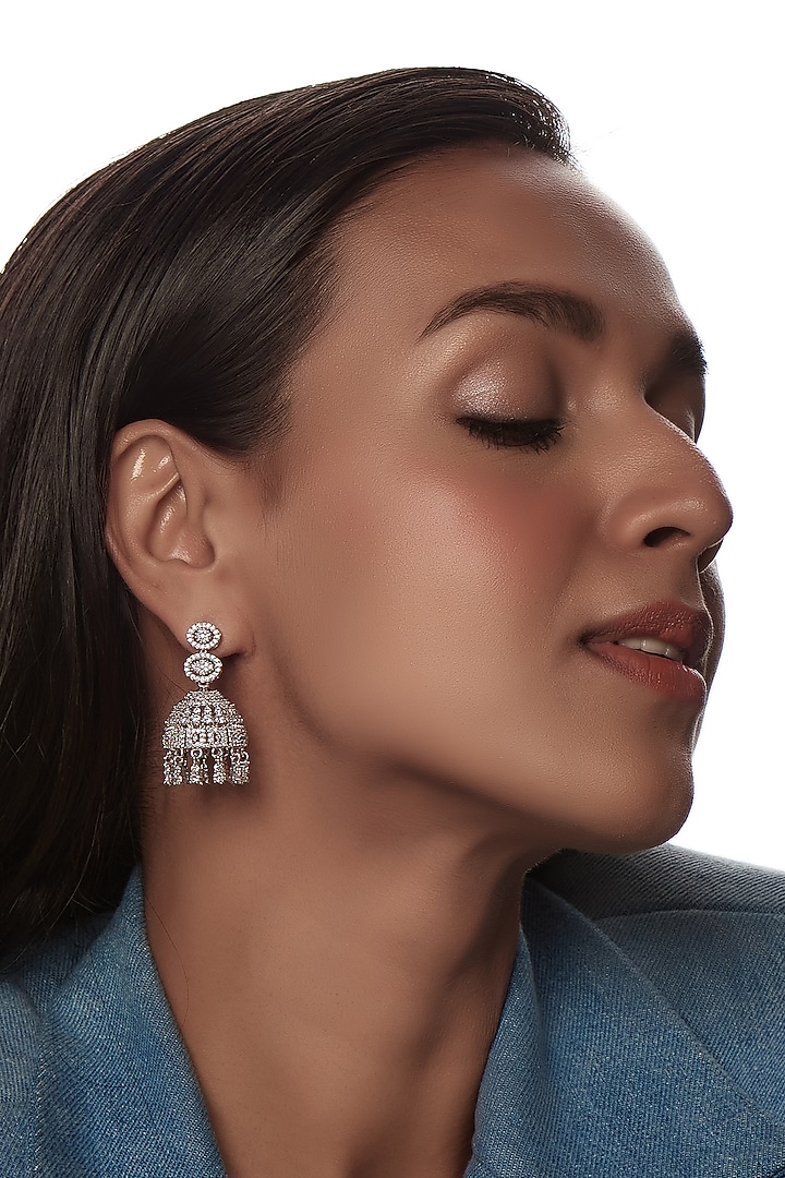 White Finish Zircon Jhumka Earrings by Aster at Pernia's Pop Up Shop
