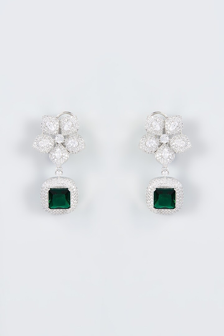 White Finish Zircon & Green Stone Dangler Earrings by Aster at Pernia's Pop Up Shop