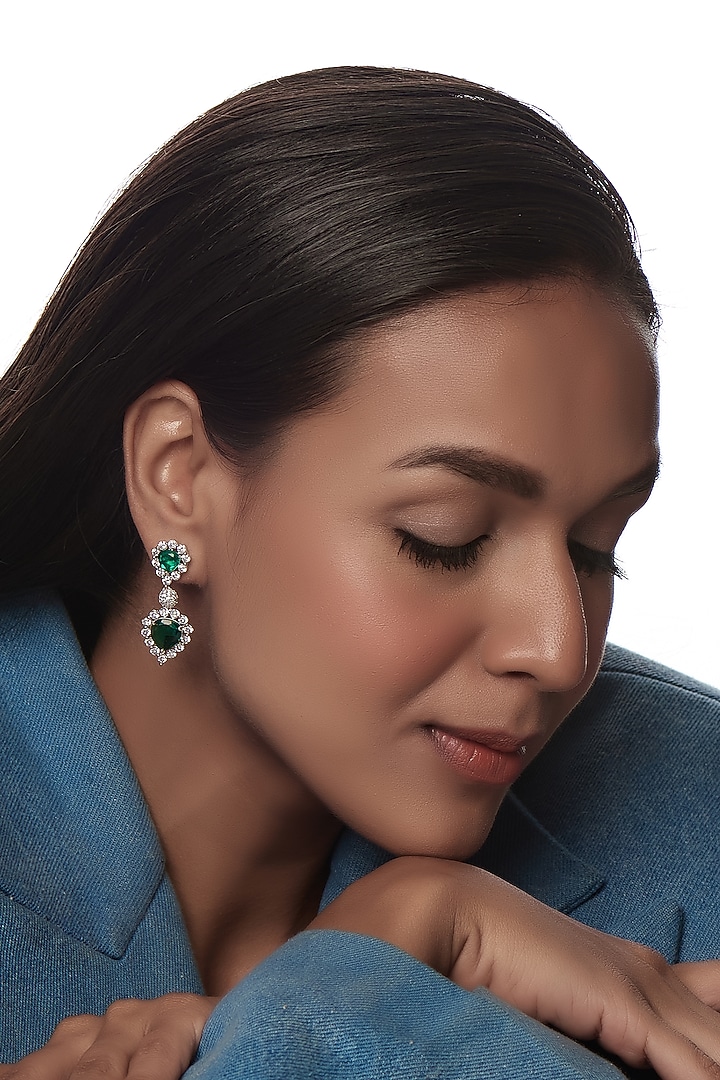White Finish Zircon & Green Stone Dangler Earrings by Aster at Pernia's Pop Up Shop