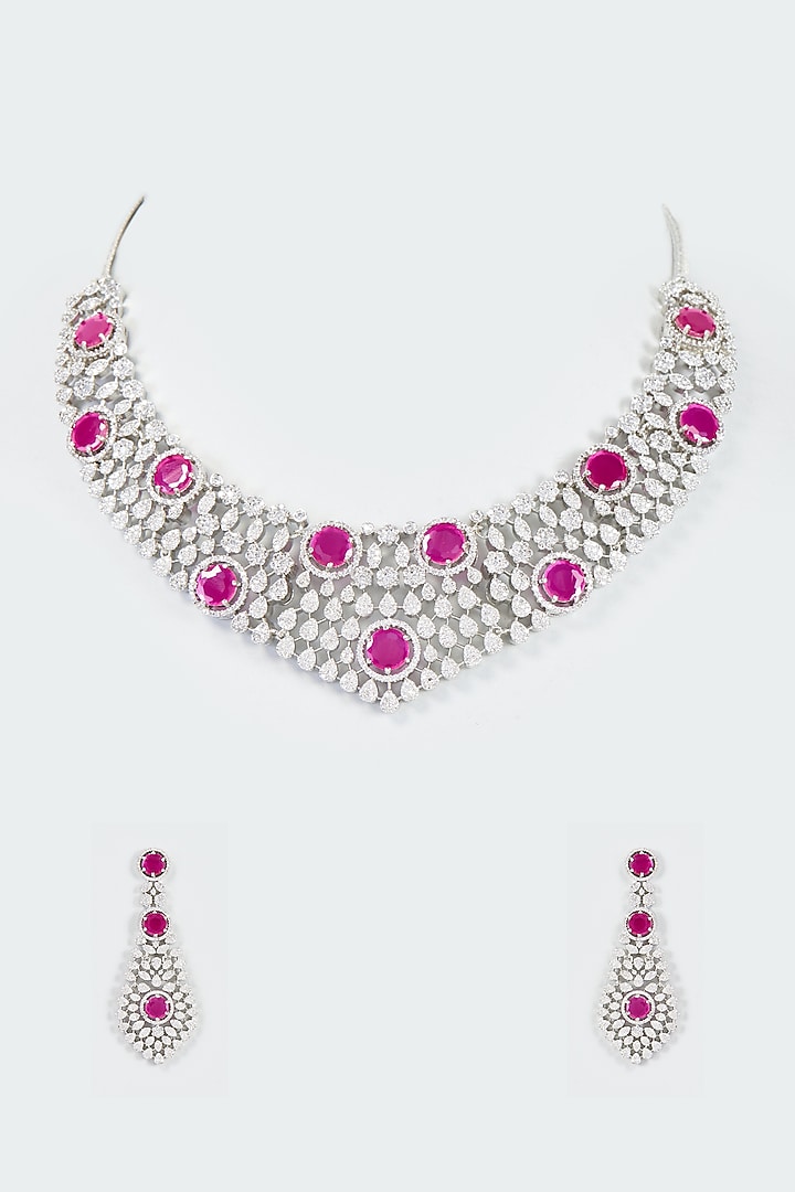 White Finish Zircon & Red Stone Necklace Set by Aster at Pernia's Pop Up Shop