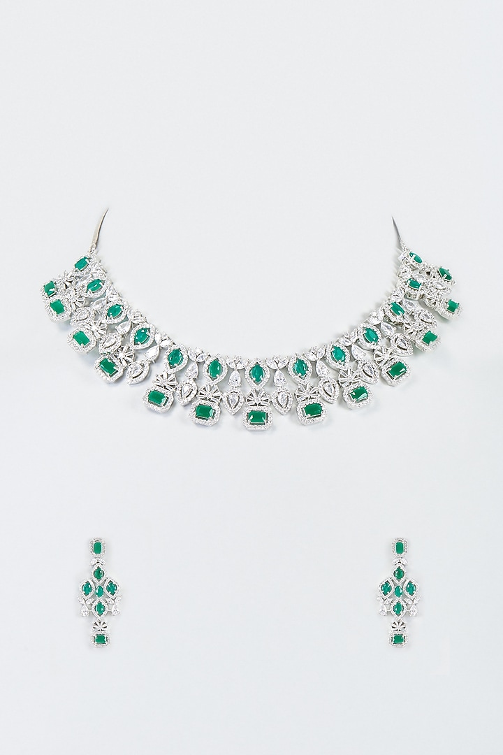 White Finish Zircon & Green Stone Necklace Set by Aster at Pernia's Pop Up Shop