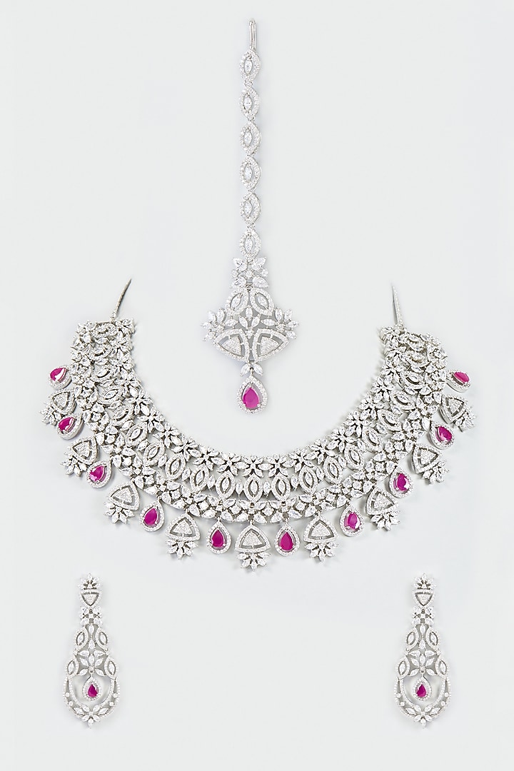 White Finish Zircon & Red Stone Necklace Set by Aster at Pernia's Pop Up Shop