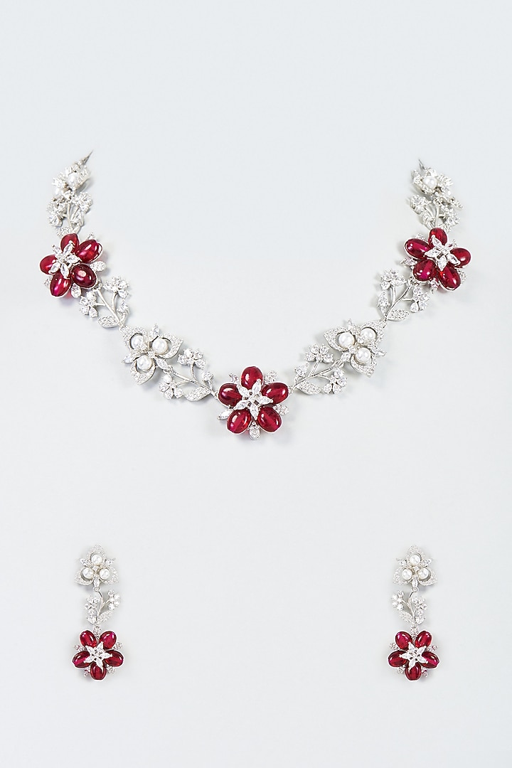White Finish Zircon & Red Stone Necklace Set by Aster at Pernia's Pop Up Shop