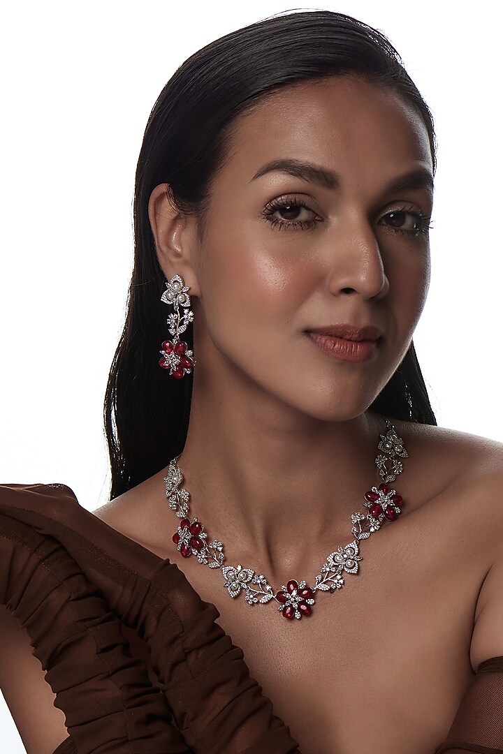 White Finish Zircon & Red Stone Necklace Set by Aster at Pernia's Pop Up Shop