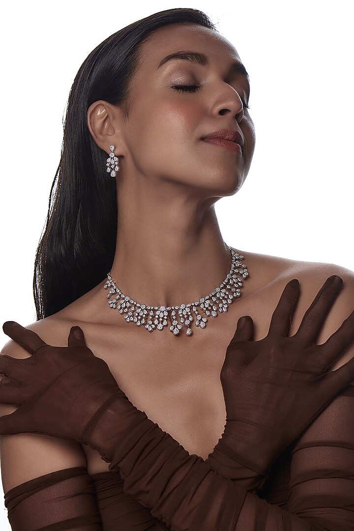 White Finish Faux Diamond Necklace Set by Aster at Pernia's Pop Up Shop