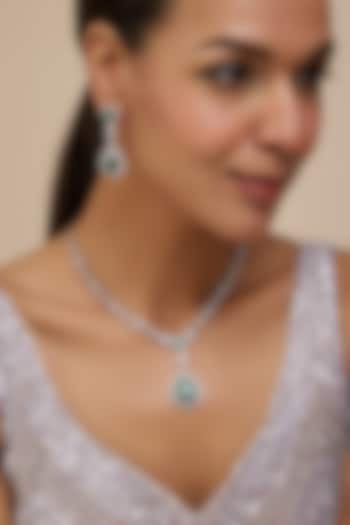 White Finish Zircon & Green Stone Long Necklace Set by Aster