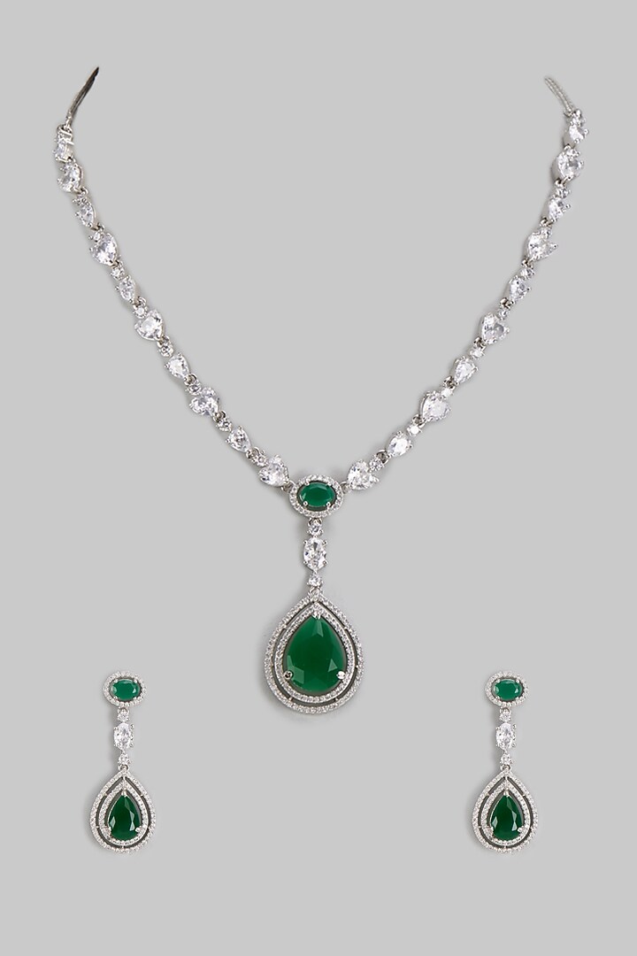 White Finish Zircon & Green Stone Long Necklace Set by Aster at Pernia's Pop Up Shop