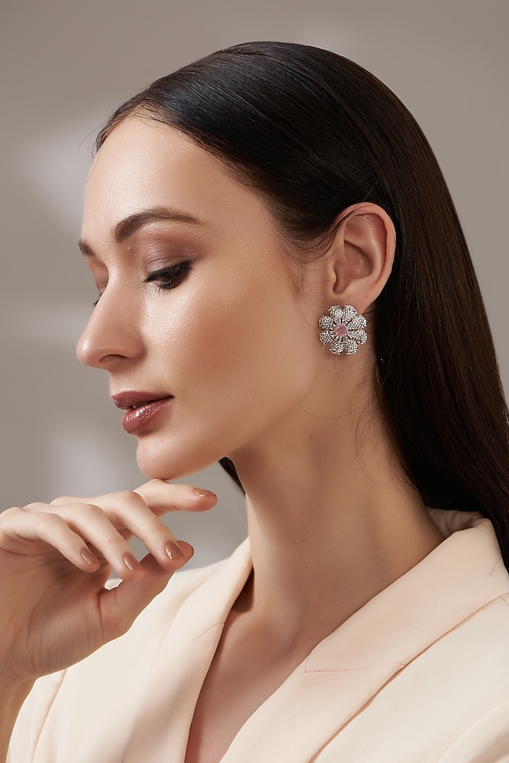 White Finish Faux Diamond Stud Earrings by Aster at Pernia's Pop Up Shop