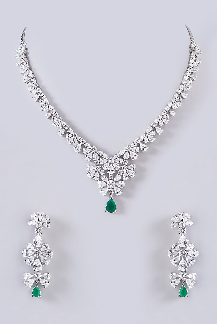 White Finish Green Stone Necklace Set by Aster at Pernia's Pop Up Shop