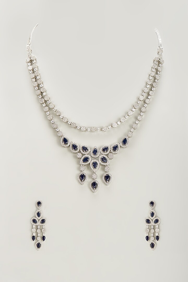 White Finish Zircon & Blue Stone Necklace Set by Aster at Pernia's Pop Up Shop