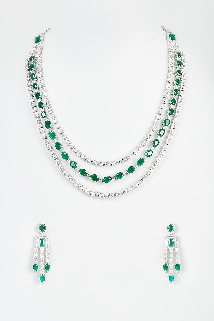 White Finish Faux Diamond & Emerald Layered Necklace Set by Aster at Pernia's Pop Up Shop