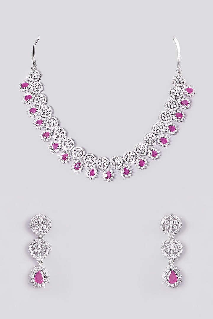 White Finish Zircon & Red Stones Necklace Set by Aster at Pernia's Pop Up Shop