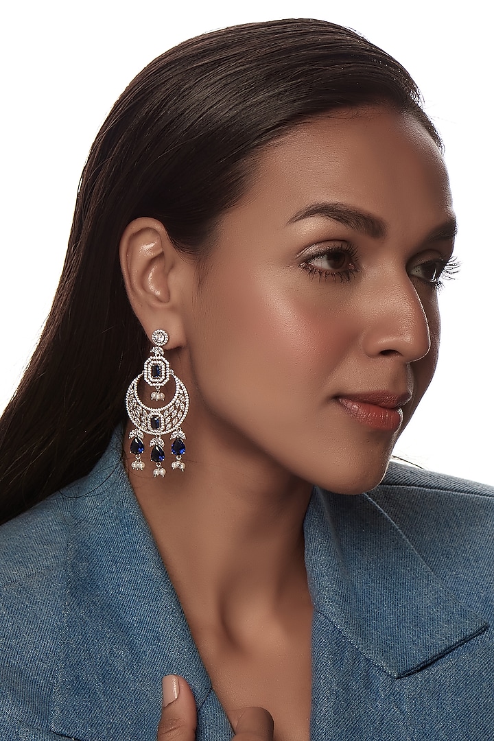 White Finish Zircon & Blue Stone Chandbali Earrings by Aster at Pernia's Pop Up Shop