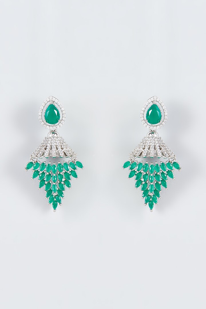 White Finish Zircon & Green Stone Dangler Earrings by Aster at Pernia's Pop Up Shop