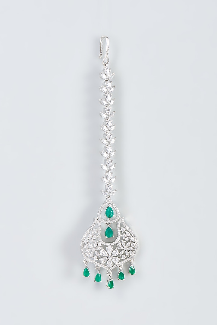 White Finish Zircon & Green Stone Maangtikka by Aster at Pernia's Pop Up Shop