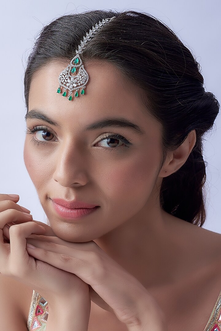 White Finish Zircon & Green Stone Maangtikka by Aster at Pernia's Pop Up Shop