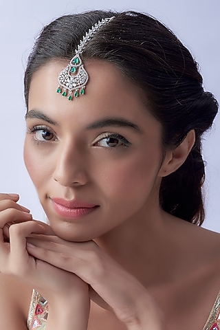 White Finish Zircon & Green Stone Maangtikka by Aster
