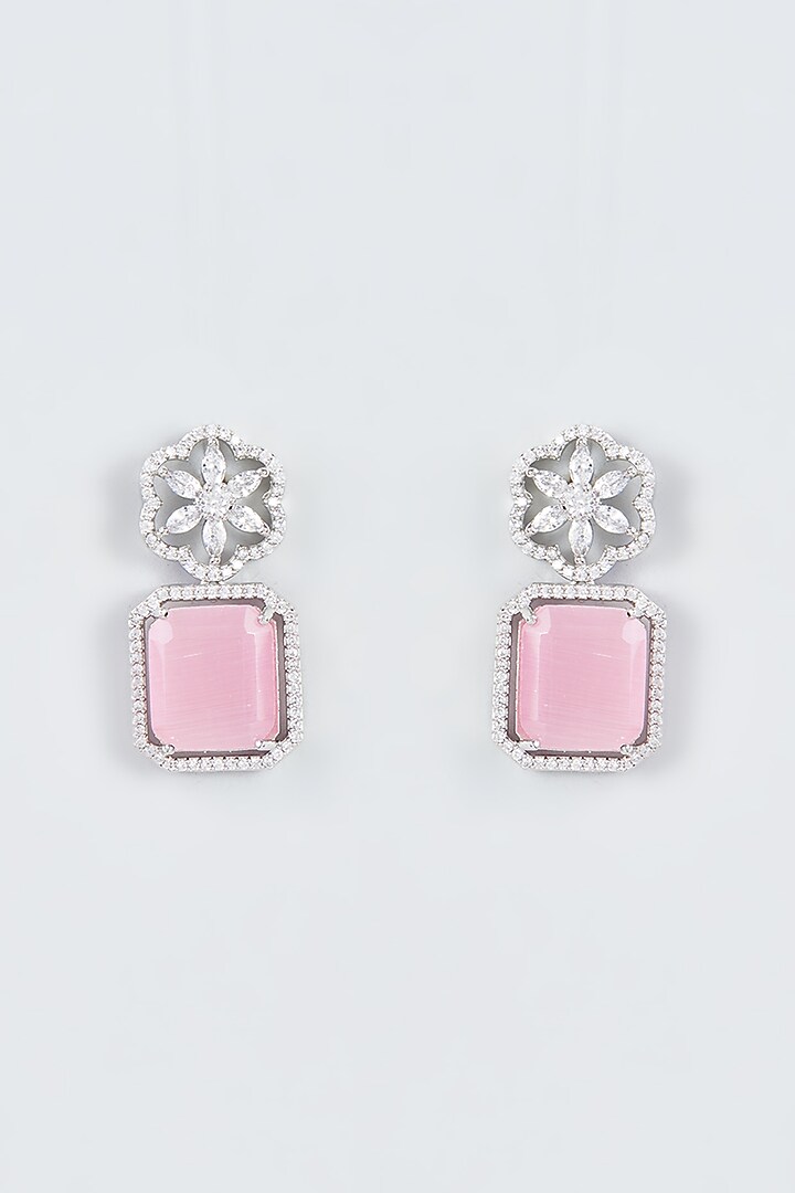 White Finish Zircon & Pink Stone Dangler Earrings by Aster at Pernia's Pop Up Shop