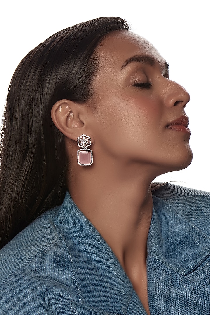White Finish Zircon & Pink Stone Dangler Earrings by Aster at Pernia's Pop Up Shop