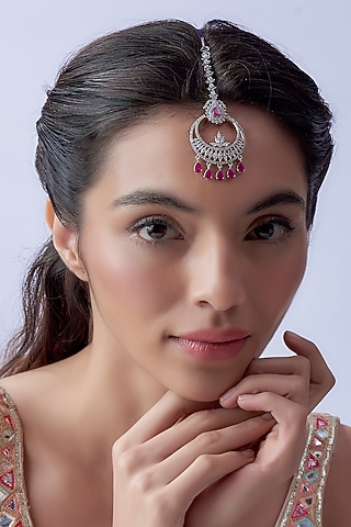 White Finish Zircon & Red Stone Maangtikka by Aster