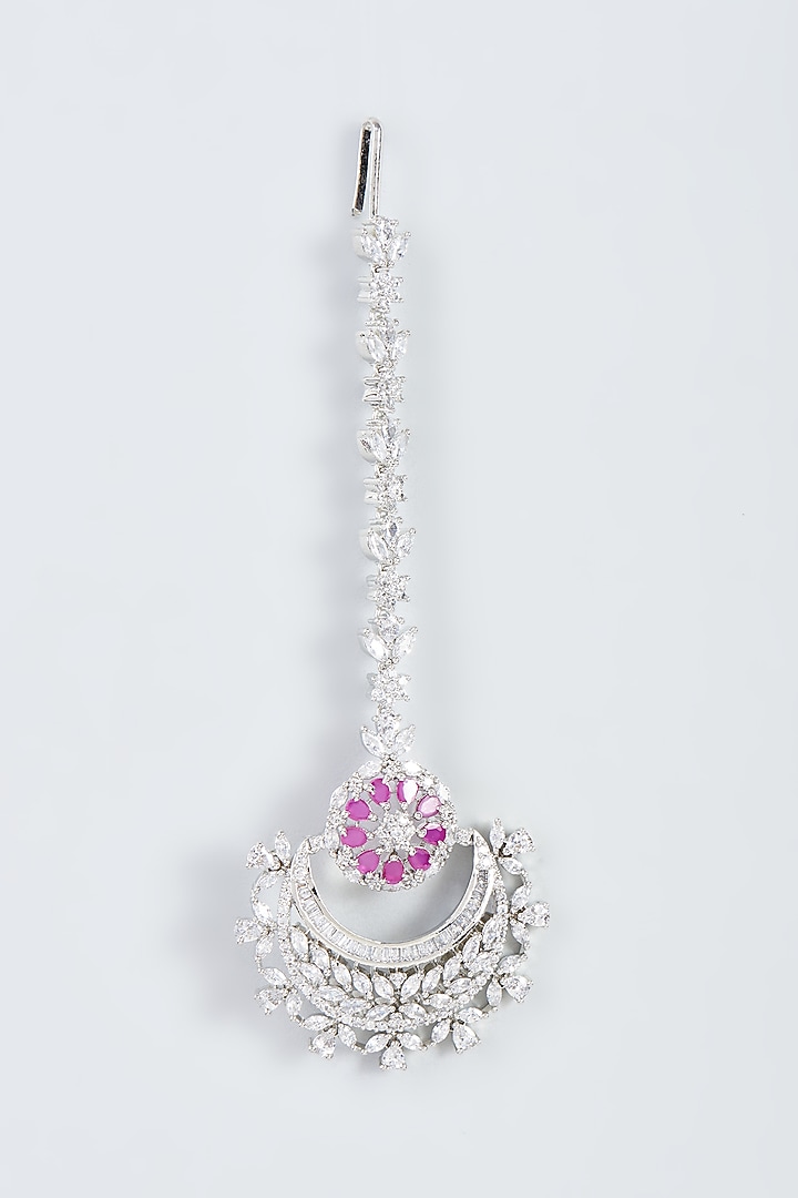 White Finish Zircon & Red Stone Maangtikka by Aster at Pernia's Pop Up Shop