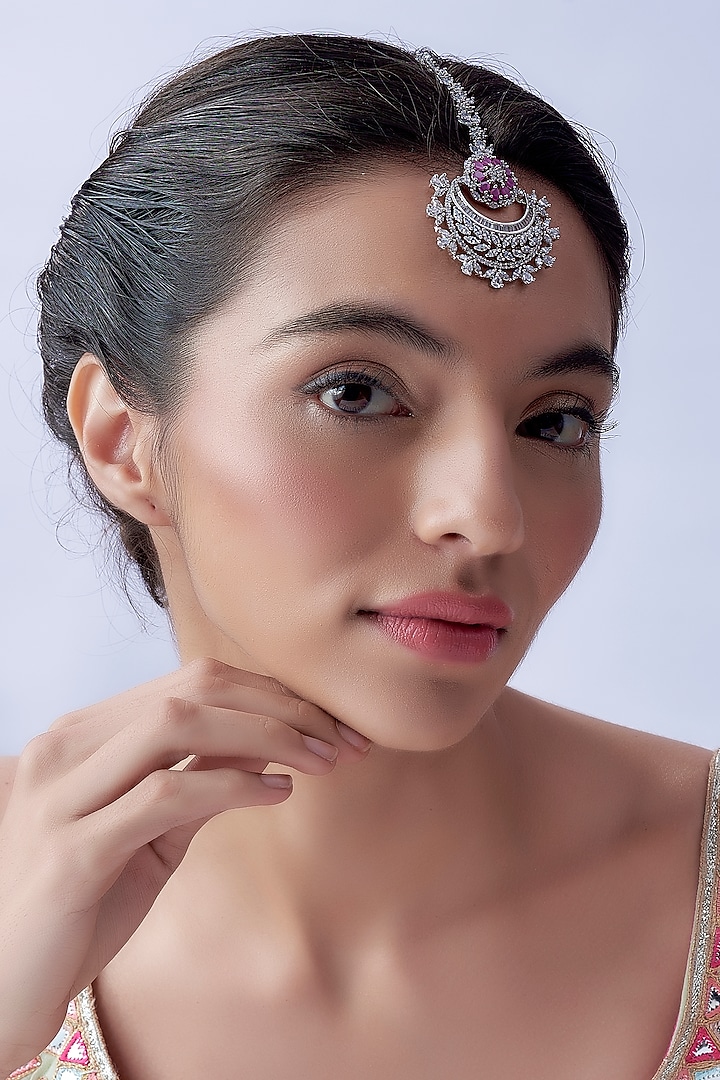 White Finish Zircon & Red Stone Maangtikka by Aster at Pernia's Pop Up Shop