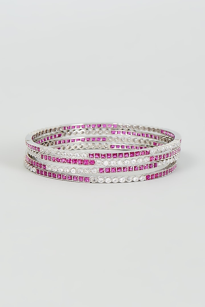 White Finish Zircon & Red Stone Bangles (Set Of 4) by Aster at Pernia's Pop Up Shop