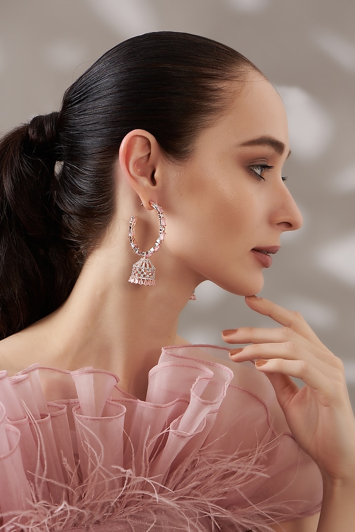White Finish Pink Stone Hoop Earrings by Aster at Pernia's Pop Up Shop