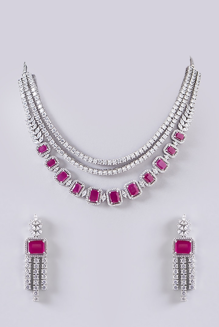 White Finish Red Stone Layered Necklace Set by Aster at Pernia's Pop Up Shop