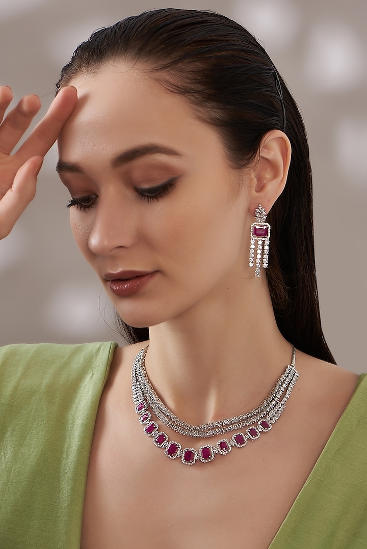 White Finish Red Stone Layered Necklace Set by Aster at Pernia's Pop Up Shop