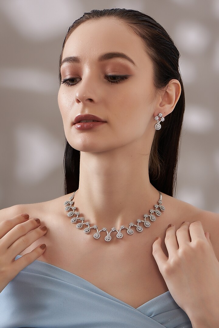 White Finish Faux Diamond Necklace Set by Aster at Pernia's Pop Up Shop
