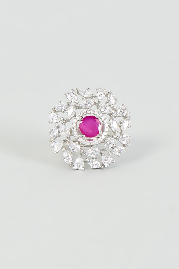 White Finish Zircon & Red Stone Ring by Aster