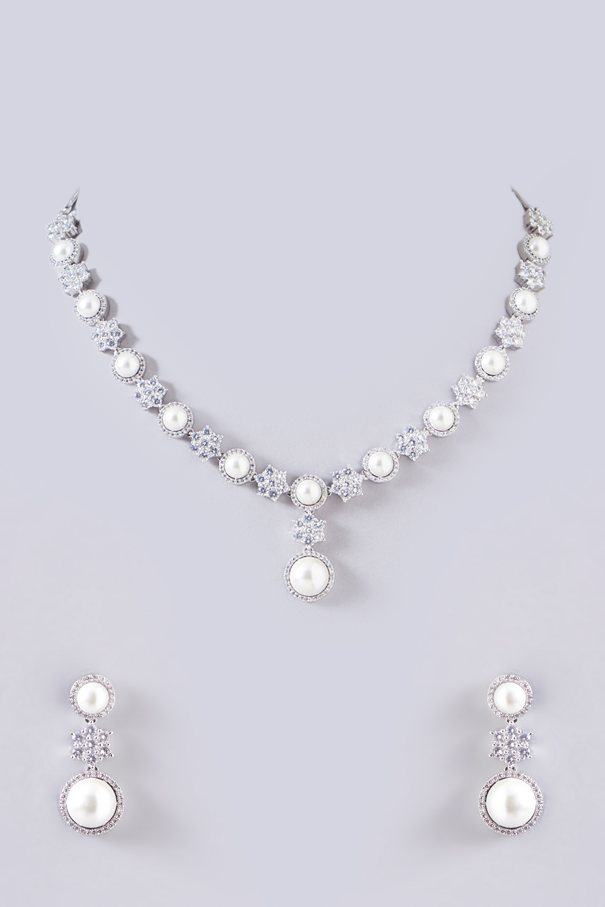 White Finish Faux Diamond Necklace Set by Aster