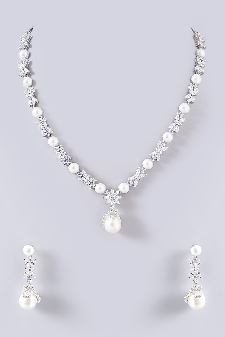 White Finish Faux Diamond Necklace Set by Aster at Pernia's Pop Up Shop