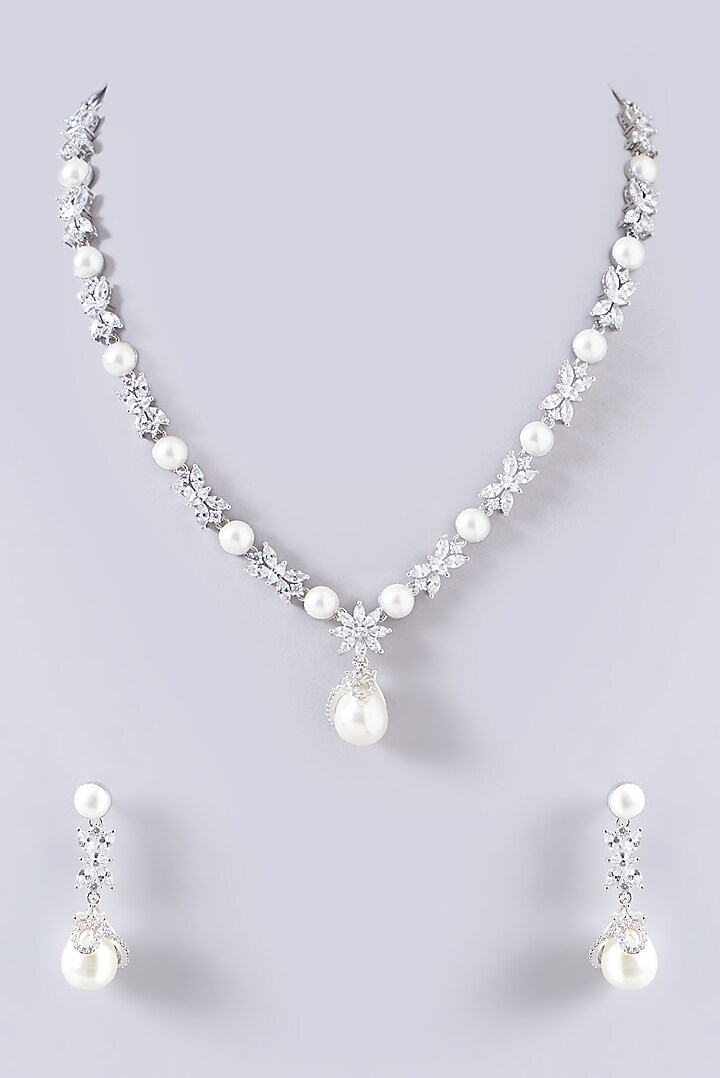 White Finish Faux Diamond Necklace Set by Aster at Pernia's Pop Up Shop